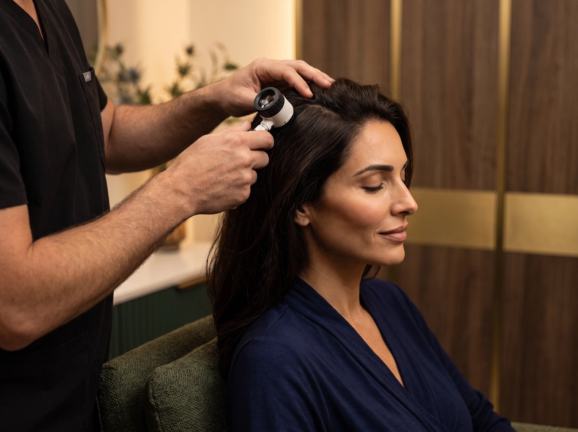 Hair Restoration Clinician examining an adult patient’s hair and scalp during a restoration consultation